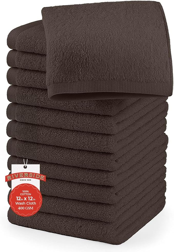 RIVERSIDE 12 Pack Washcloths - 12x12 Inches, 500 GSM, 100% Ring-Spun Cotton - Soft, Absorbent & Durable Face and Body Towels - for Bathroom, Spa, Gym, Makeup Removal & Everyday Use - Brown
