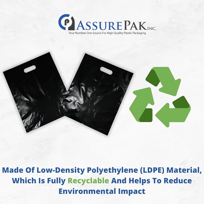 ASSUREPAK Black Plastic Merchandise Bag - 100 Bags - LDPE Die Cut Handle Bag for Retail, Store, Market, Convenience Store - 12"x15" - 1.5 mil
