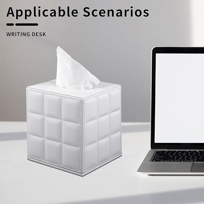 XNONE Tissue Box Cover Square Tissue Box Holder PU Leather Facial Organizer with Magnetic Bottom,Decorative Napkin Caddy for Vanity Dresser Night Stand Table Countertop Home Office Car,White