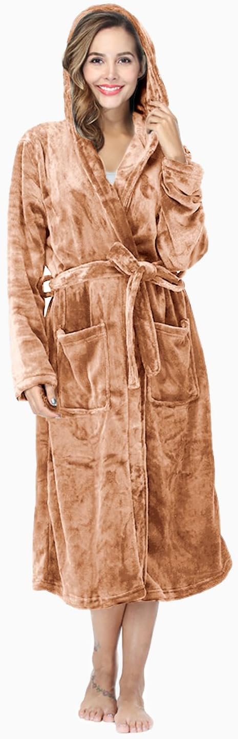 RONGTAI Womens Robes Plush Fleece Hooded Bathrobe Thick Nightgown with Pockets Fluffy Sleepwear