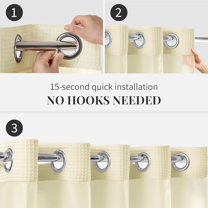 River Dream Cream Fabric Shower Curtain Set, Cotton Blend, Waffle Weave, with Snap in Replacement Liner，71 x 74 inches