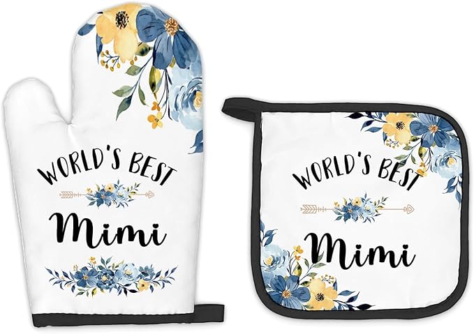 Mimi Gifts Oven Mitts and Pot Holders Sets, Gifts for Mimi from Grandkids Kitchen Decor Accessories Sets, World’s BestMimi Heat Resistant Oven Glove Potholders for Kitchen Cooking Baking BBQ