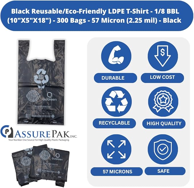 ASSUREPAK Black Reusable/Eco-Friendly LDPE T-Shirt - 1/8 BBL (10"X5"X18") - 300 Bags - 57 Micron (2.25 mil) - Black - BLKLD40REC225REUSE10518