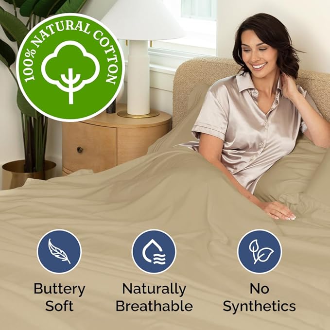 400 Thread Count Cotton Sheet Set - Full Size 100% Cotton Sheets - Easily Fits 8" to 16" Mattress - Silky-Soft, Wrinkle Free, Breathable and Comfy - Deep Pockets & Hotel Quality Bedding Set - Beige
