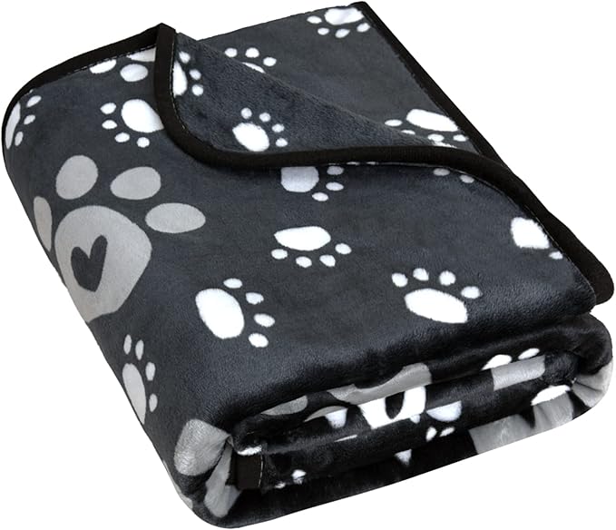 AHOOCUSTOM Dog Blanket, Soft Fleece Dog Blankets for Small Medium Dogs, Fluffy Flannel Pet Cat Puppy Blanket Mat Cover for Bed Couch, Cute Paw Print Throw Blanket for Dogs, Black 40"X30"