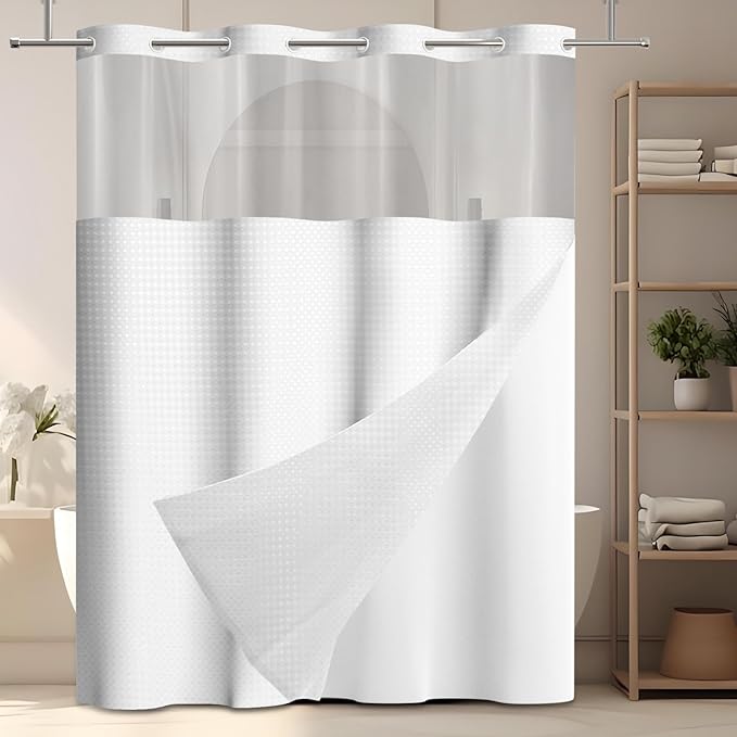 GICDSU No Hook Shower Curtain with Snap in Liner, Waffle Shower Curtain Set for Bathroom, Hotel Style with Semi-Sheer Top Window, Waterproof & Washable, White, 71" W x 80" L