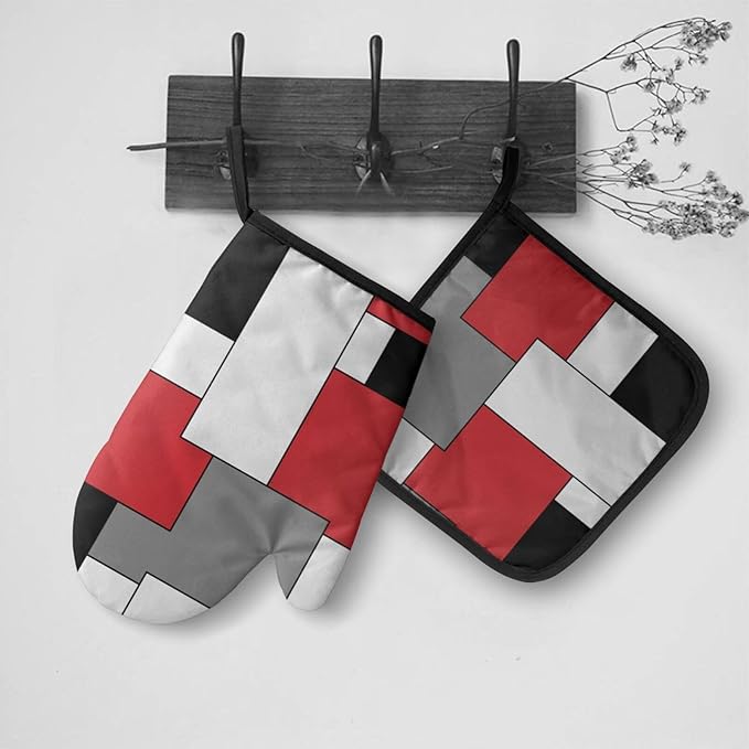 Red White Black Grey Geometric Oven Mitts and Pot Holders Insulated Gloves & Kitchen Counter Safe Mats for Cooking BBQ Baking Grilling (2-Piece Set)