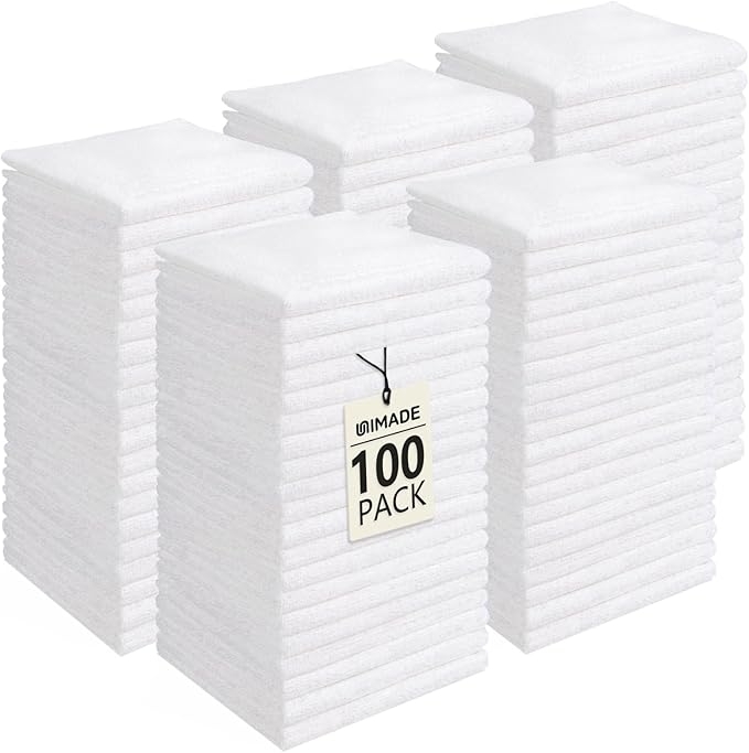 UNIMADE Washcloths Bulk - 100 Pack - Face Towels (12" x 12"), Highly Soft Wash Cloths and Hand Towels, Fast Drying Multi-Purpose Microfiber Cleansing Cloths for Bathroom, Hotel, Spa, and Salon - White