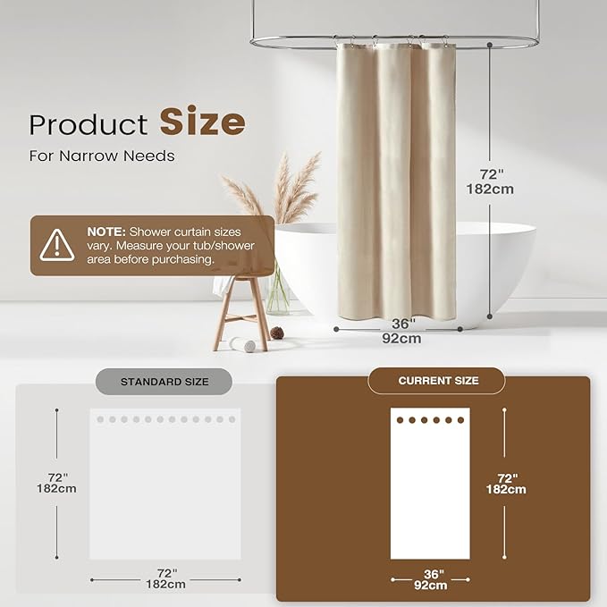 BTTN Stall 3 in 1 Shower Curtain Set, Small Linen Textured Fabric Shower Curtain and Clear Liner Set with 6 Hook, Half Modern Hotel Luxury Waterproof Shower Curtain for Bathroom, Cream/Beige, 36x72
