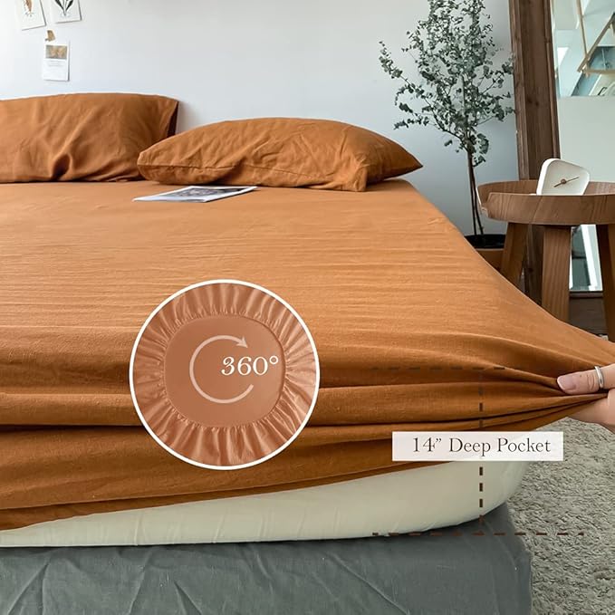 Simple&Opulence Washed Linen Bed Sheet Set Basic Style 4 Pieces (1 Flat Sheet & 1 Fitted Sheet & 2 Pillowcases) 100% Natural French Flax Soft Breathable Farmhouse Bedding (King, Rust)
