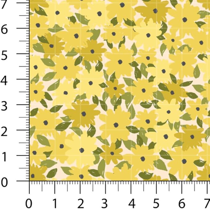 Floral Patchwork Fabric Panel 100x155 cm – 100% Cotton Satin, 6 Coordinated Yellow & Green Flower Prints on One Continuous Sheet (Assorted Florals – Yellow, Olive, Blush, 6pcs 50x50cm)