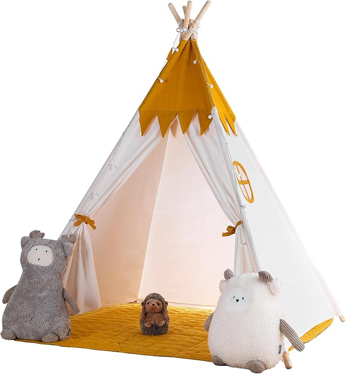 besrey Teepee Tent for Kids with Light & Mat, Toddler Tents Indoor Play Tent Playhouse, Toddler Tipi Cotton, tee Pee Tents for Kids Indoor, Boys & Girls Teepee (Yellow, Padded mat)