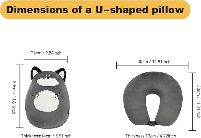 stocaggio Kids Travel Pillow - 2-in-1 Deformable Kids Neck Pillow for Traveling, Soft U-Shaped Pillow with Adorable Animal Design, Comfy Sleep and Play, Ideal for Airplanes and Cars - Gray Husky
