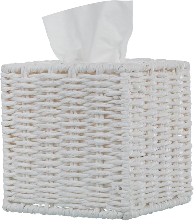 MyGift Decorative White Woven Square Tissue Box Holder with Easy Open Refill Bottom, Bathroom Decor Facial Tissues Cover with Sturdy Paper Rope Material