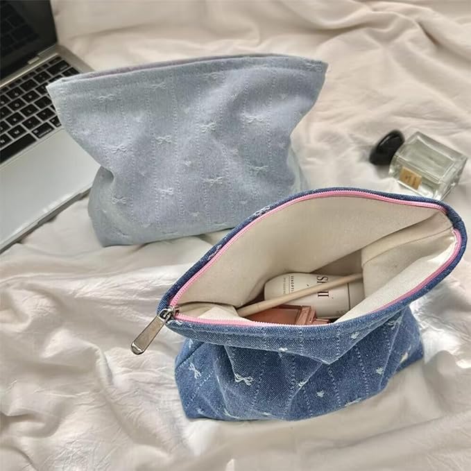 SxoSyo Cosmetic Bags for Women Makeup Bag Large Capacity Purse Travel Toiletry Zipper Storage Pouch Make up Brushes Organizer for Gifts (bowknot, denim blue)