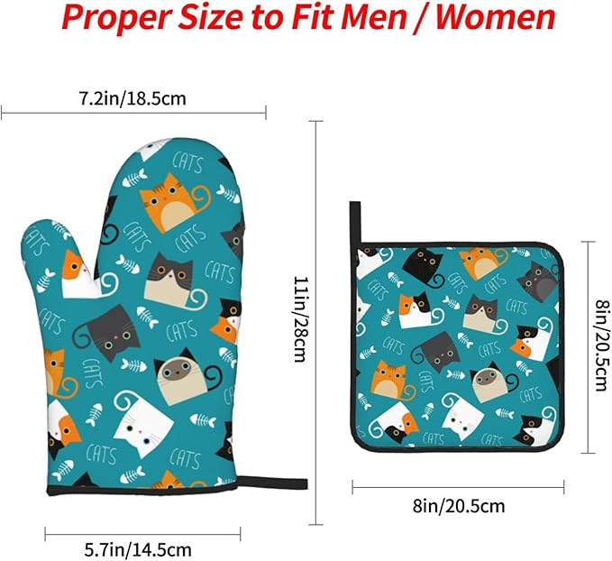 Funny Cute Cats Oven Mitts and Pot Holders 4 Pcs Set Oven Gloves and Potholders for Cooking Microwave BBQ Baking Grilling