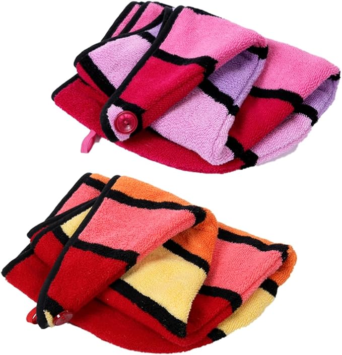 Wenlly 2 Pack 100% Cotton Hair Drying Towel, Hair Towel wrap with Button for Women, Shower Head Towel, Dry Hair Turban (Orange & red)