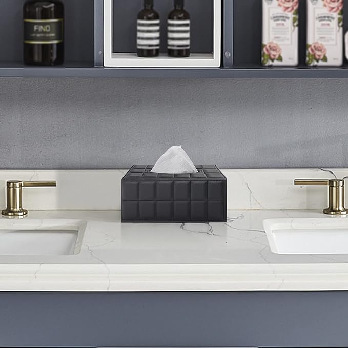 XNONE Tissue Box Cover Rectangle Tissue Box Holder PU Leather Facial Organizer with Magnetic Bottom,Decorative Napkin Caddy for Vanity Dresser Night Stand Table Countertop Home Office Car,Black
