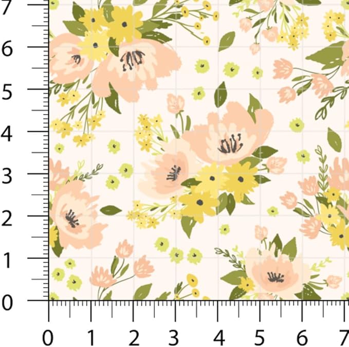 Floral Patchwork Fabric Panel 100x155 cm – 100% Cotton Satin, 6 Coordinated Yellow & Green Flower Prints on One Continuous Sheet (Assorted Florals – Yellow, Olive, Blush, 6pcs 50x50cm)