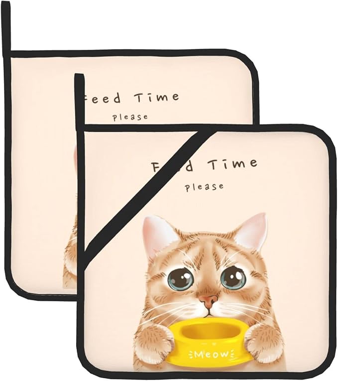 2PCS Cute Cat Pot Holders Set for Kitchen, “Feed Time Please” Animal Printed Potholders with Great Heat Resistance, Hot Pads, Trivets for Cooking and Baking 8x8