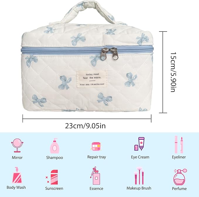 Cozomga Quilted Makeup Bag, Large Capacity Travel Cosmetic Bag for Women and Girls, Aesthetic Storage for Daily and Travel Use (Bow Quilted)