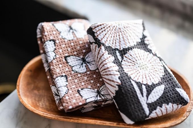 Desert Aqua || 2 Pack Double Sided || Not Your Ordinary Dish Towels || Waffle Weave Microfiber || Tea Towels || Highly Absorbent || Hanging Loop || Dish Cloths || Designer Prints|| Butterflies