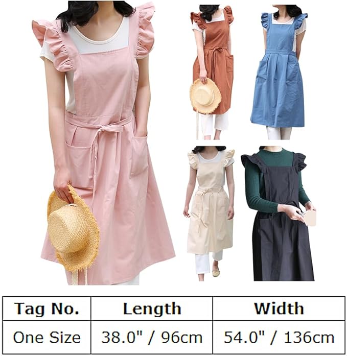 ODIZLI Frill Apron for Women Cotton Cross Back Vintage Ruffle Apron for Garden Cooking Aprons