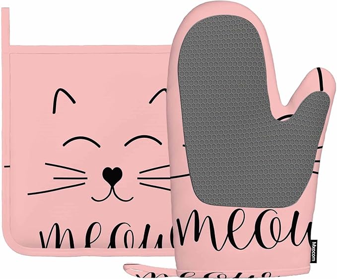 Mxocom Cat Welcome Silicone Oven Mitts and Pot Holders Sets Cute Cat Smile Face Graphic BBQ Gloves for Kitchen,Cooking,Baking,Grilling
