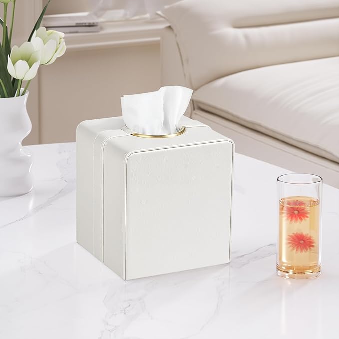 Cretkhp Luxury Square Tissue Box Cover, PU Leather Tissue Box Holder with Magnetic Closure and Gold Decorative Grommets for Bathroom Bedroom, Decorative Elegant Cube Tissue Holder (Cream)