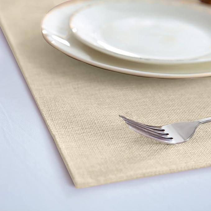 Linen Fabric Placemats Set of 6, Machine Washable, Heat Resistant, Wrinkle Free, Thick Polyester Kitchen Place Mats for Dining Table (Beige)