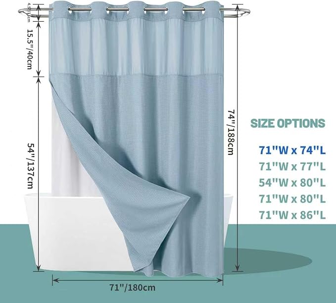 eachope Teal Hook Waffle Weave Shower Curtain with snap-in Liner Replacement, 230GSM Waterproof Fabric Hotel Shower Curtain Set for Bathroom, Through Mesh Top Window,71Wx74H