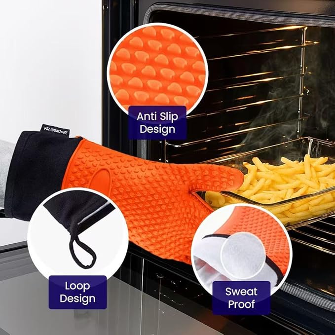 Orange Heat Resistant Oven Gloves, Silicone Kitchen Mitts, Non-Slip Pot Holder Gloves, 1 Size Fits All, Water Proof Men & Women Kitchen Glove for Cooking,Baking,BBQ, Single Glove