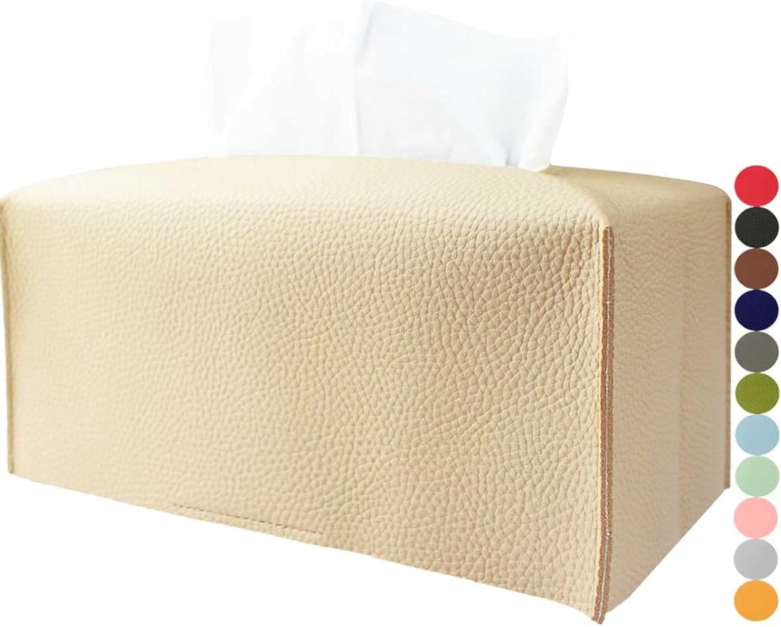 Extra Large Rectangle Tissue Box Cover – Plus Size Tissue Box Holder with Bottom Belt [JESMINI, Beige] Faux Leather Long Rectangular Tissue Holder for Bathroom/Home/Car/Office Decor
