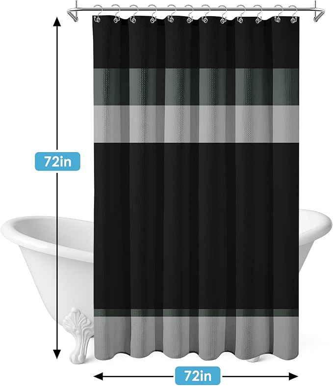 Nesphy Shower Curtain and Liner, Black and Grey Striped 3 in 1 Shower Curtain and PEVA Liner Set with 12 Rust-Resistant Metal Hooks, Waterproof Fabric Shower Curtains for Bathroom, 72 W x 72 H
