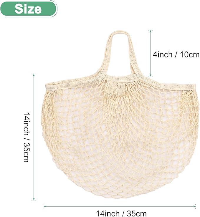 M METERXITY 1-Pack Cotton Mesh Bag, Reusable Washable Mesh Net String Grocery Bags, Reusable Produce Bags with Handle, Net Tote Bag for Fruits/Vegetables Shopping [Cream, Short Handle]