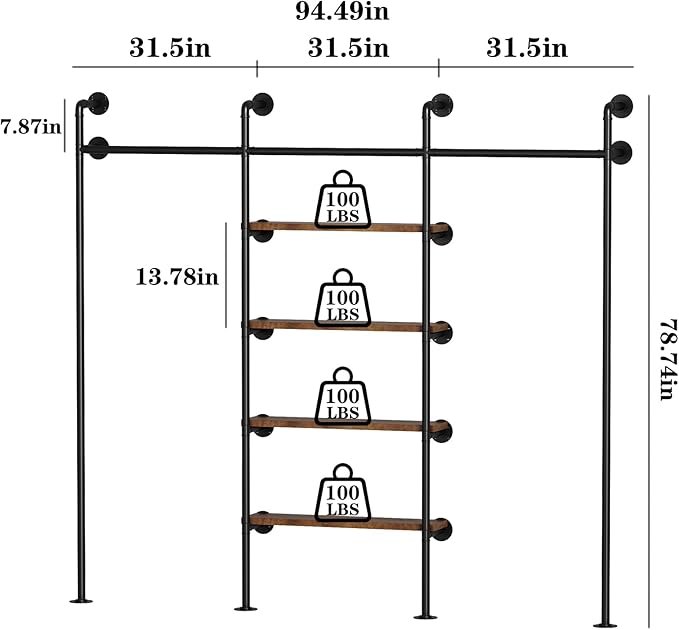 KAILNKISS Industrial Pipe Clothes Rack,Wall Mounted Clothing Rack Wardrobe Multi-Purpose Storage Clothes Hanging Shelf-94.5''L Black