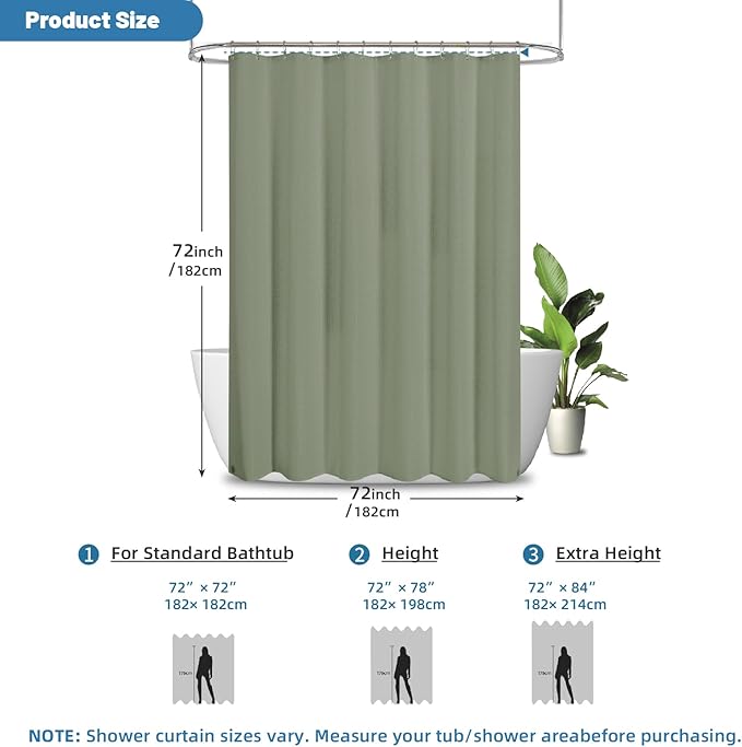 THAIGEE 2-in-1 Waterproof Fabric Shower Curtain - No Separate Liner Needed, Hotel-Style Waffle Weave, Effortless Cleaning & Washable Bathroom Shower Curtain Set,72Wx72H,SageGreen
