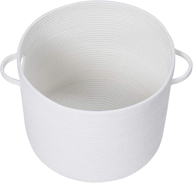 Cottonphant 16" x 16" x 13" Medium Storage Basket with Lid, Cotton Rope Storage Baskets, Laundry Hamper, Cloth Bin, for Clothes Blankets Pillows Storage in Living Room, Full White with Cover