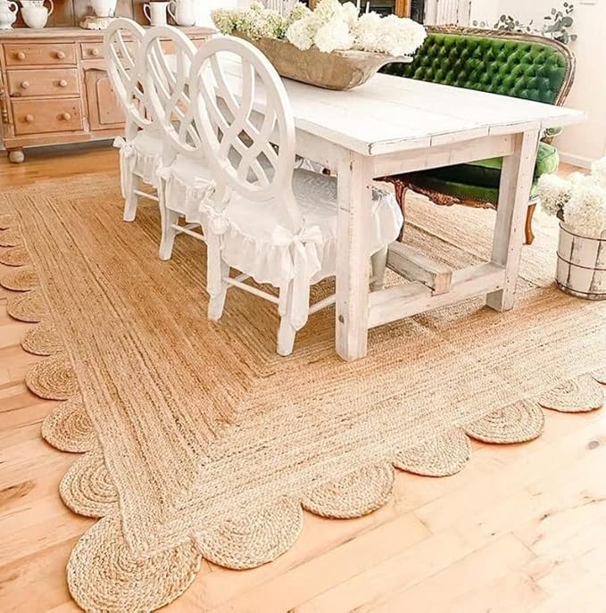 Scalloped Natural Jute Area Rug, Natural Color (6'X4'), 4'X6', SVIRUGH1