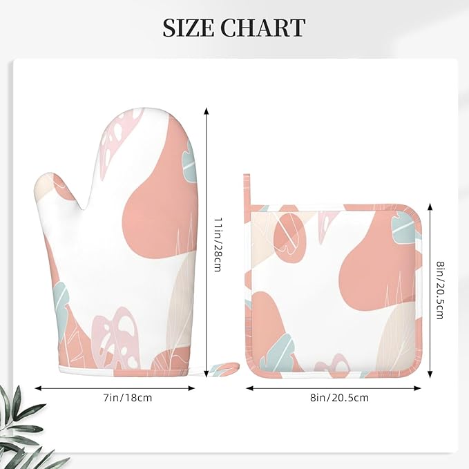 Pink Modern Geometric Leaves Oven Mitts and Pot Holders Sets, Home Silicone Heat Resistant BBQ Gloves for Kitchen Baking Cooking Grilling Microwave