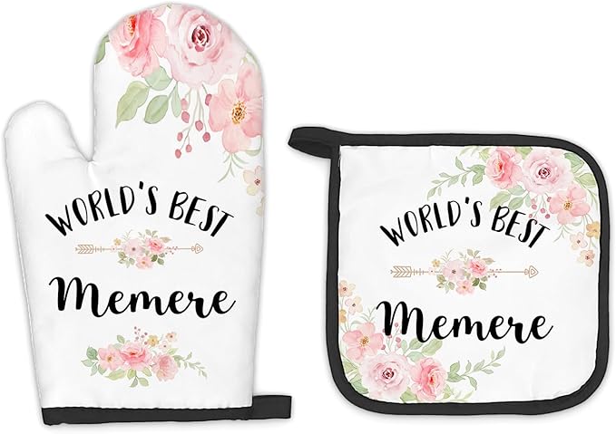 Memere Gifts Oven Mitts and Pot Holders Sets, Gifts for Memere from Grandkids Kitchen Decor Accessories Sets, World’s Best Memere Heat Resistant Oven Glove Potholders for Kitchen Cooking