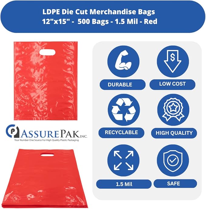 LDPE Die Cut Merchandies Bags - 500 Bags - 12"x15" - 1.5 mil - Red - 1215DCRED - AssurePak