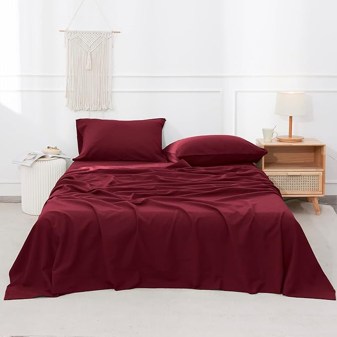 Simple&Opulence Belgian Linen Sheet Set Solid Color - 4 Pieces (1 Flat Sheet, 1 Fitted Sheet & 2 Pillowcases) Natural Flax Cotton Blend Soft Breathable Farmhouse Bedding - King Size, Burgundy Red