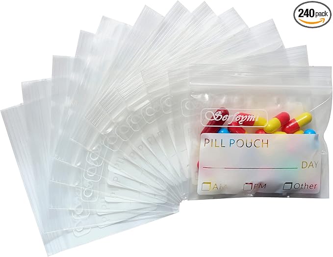 Serfeymi Pill Bags for Travel Pill Pouch Organizer Pack of 240 BPA Free 3 x 2.75 inch Reusable Pill Pouches for Medicine with Write on Label & Zipper Seal Waterproof AM PM Pill Baggies for Supplements