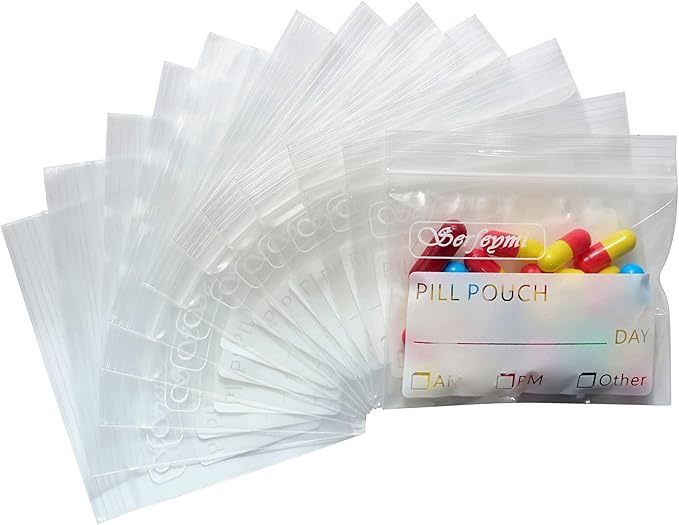 Serfeymi Pill Bags for Travel Pill Pouch Organizer Pack of 400 BPA Free 3 x 2.75 inch Reusable Pill Pouches for Medicine with Write on Label & Zipper Seal Waterproof AM PM Pill Baggies for Supplements