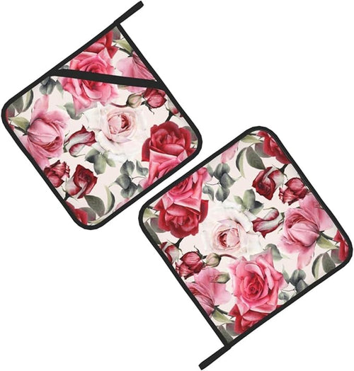 2-Pack Pink Rose Pot Holders for Kitchen Heat Resistant - Vintage Quilted Potholders for Kitchens - Washable Potholder for Cooking & Baking & Microwave