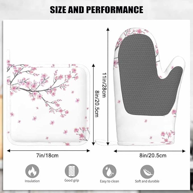 Mxocom Cherry Blossom Heat-Resistant Oven Mitts and Pot Holder Watercolor Branch of Flowers Kitchen Non-Slip Cooking Microwave Gloves for Cooking Baking Grilling