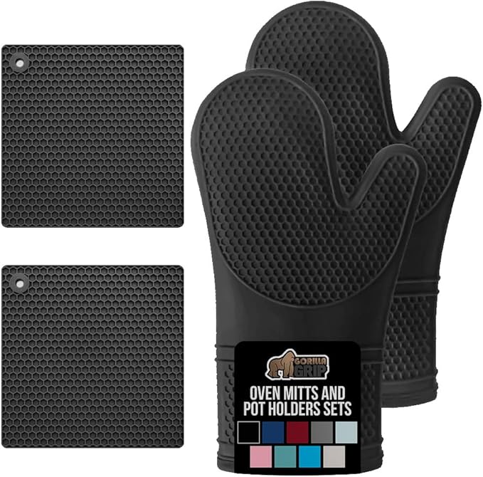 GORILLA GRIP BPA-Free Soft Silicone Oven Mitts and Pot Holders Sets of 4, Heat Resistant Waterproof Cooking Gloves, Thick Cotton Lining, Flexible Gripping for Baking Grilling, Kitchen Trivets, Black