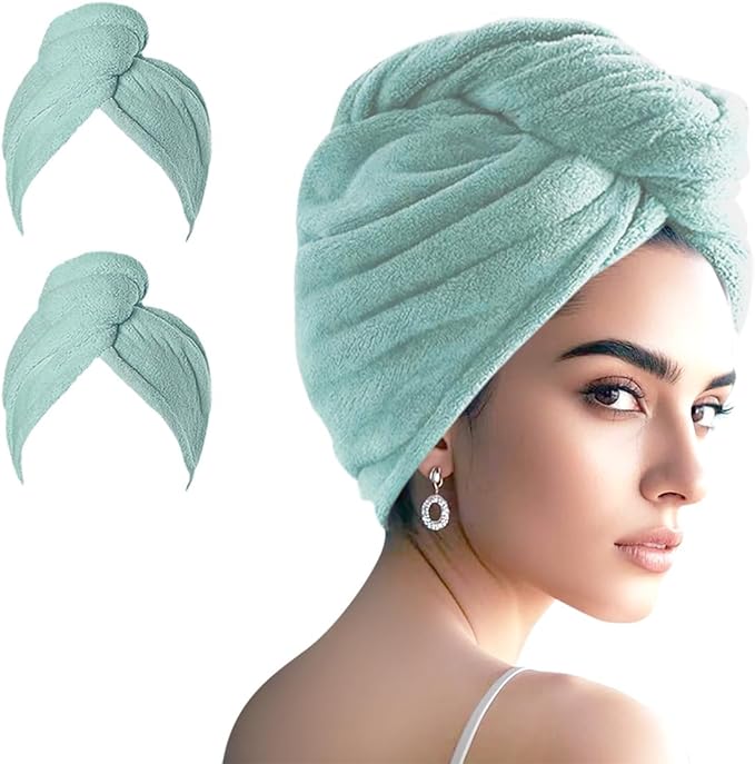 AGKXHDEC 2 Packs Single Layer Microfiber Hair Turbans - Drying Wrap for Women (Light Green-2pcs)