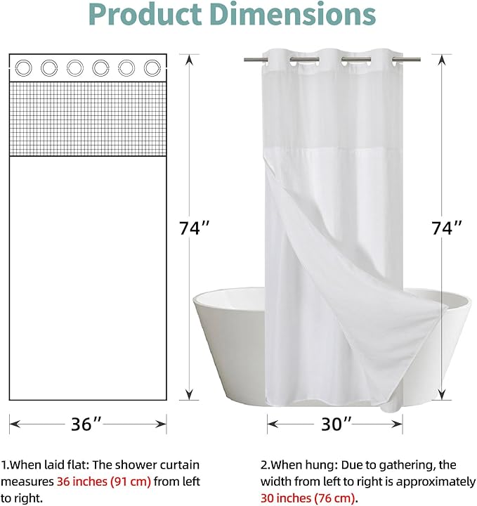 eachope White No Hook Waffle Weave Shower Curtain with snap-in Liner Replacement, 230GSM Waterproof Fabric Hotel Shower Curtain Set for Bathroom, Through Mesh Top Window,36Wx74H